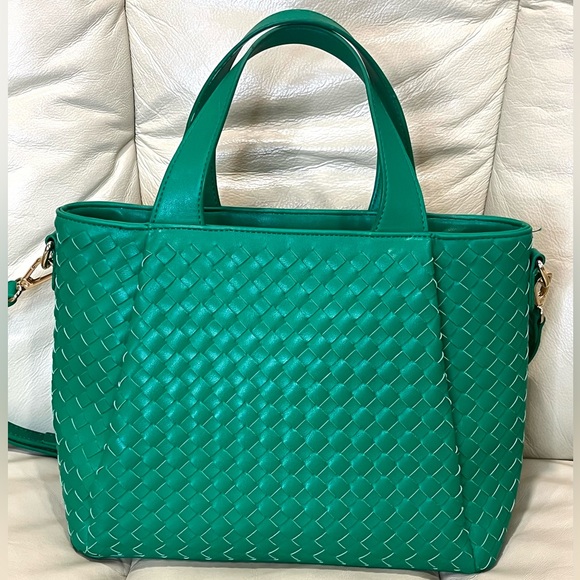 Anthropologie Faux Leather Woven Tote Crossbody Bag Green MSRP $100 - Picture 3 of 14